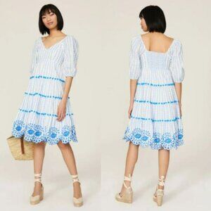 Lilly Pulitzer Sidney Dress Women's Size 14 Blue White Embroidered Pompom Tiered